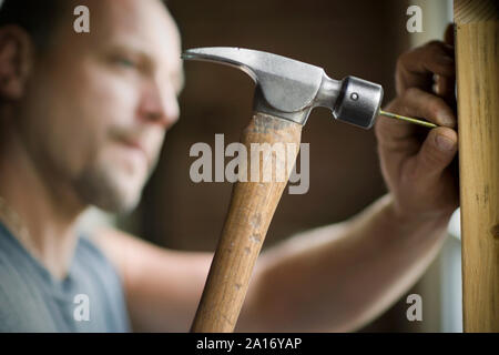 Männliche builder Hämmern einen Nagel mit dem Hammer. Stockfoto