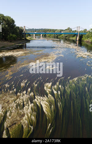 Sainte-Foy-la-Grande, Frankreich. Aussicht auf den malerischen Fluss Dordogne gesehen von der Rue du Pont Brücke. Stockfoto