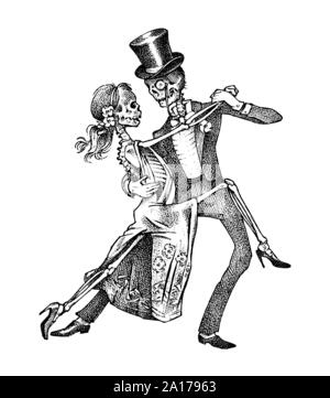 Tanzende Skelette. Halloween banner Vorlage. Tag der Toten. Hand graviert Skizze für Tattoo, t-shirt oder Logo. Stock Vektor