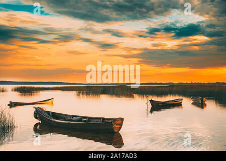 Bitetto oder Voblast Braslau, Witebsk, Belarus. Holz- Rudern Angeln Boote im schönen Sommer Sonnenuntergang auf der Dryvyaty See. Dies ist der grösste See von Stockfoto