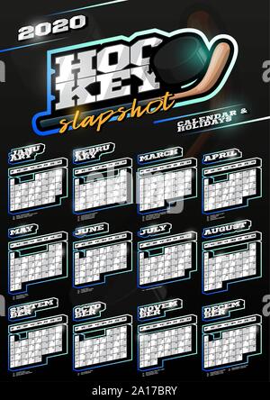 Hockey Sport vertikalen Kalender für 2020. Eine Seite Retro Stil Vorlage Kalender mit Feiertagen und Sportausrüstung. Schwarzer Hintergrund Stock Vektor