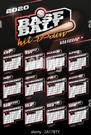 Baseball Sport vertikalen Kalender für 2020. Eine Seite Retro Stil Vorlage Kalender mit Feiertagen und Sportausrüstung. Schwarzer Hintergrund Stock Vektor