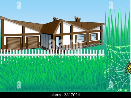 Landhaus mit Garten und weißen Zaun Stock Vektor