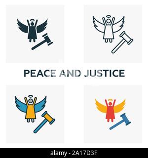 Frieden und Gerechtigkeit Symbol gesetzt. Vier Elemente in verschiedenen Stilrichtungen von Gemeinschaft icons Collection. Kreative Frieden und Gerechtigkeit Icons, Umriss Stock Vektor