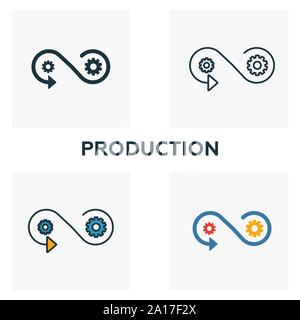 Produktion Icon Set. Vier Elemente in verschiedenen Stilrichtungen von Gemeinschaft icons Collection. Kreative Produktion Icons, Outline, farbige und flach Stock Vektor