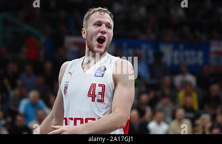 24. September 2019, Bayern: Basketball: Bundesliga, medi Bayreuth - Brose Bamberg, Hauptrunde, 1. Spieltag: Bambergs Christian Sengfelder reagiert während des Spiels. Foto: Nicolas Armer/dpa Stockfoto