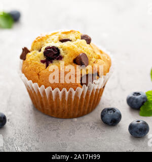 Chocolate Chip und blueberry muffins mit Milch Stockfoto