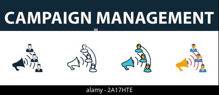 Campaign Management Icon Set. Premium Symbol in verschiedenen Stilen aus CRM-icons Collection. Kreative Kampagne Management Symbol, Outline, farbig Stock Vektor