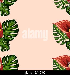 Nahtlose Muster mit tropischen Blättern und callas Lilien Blumen. Dunkle und helle grüne Palmenblättern, nahtlose Muster. Stock Vektor