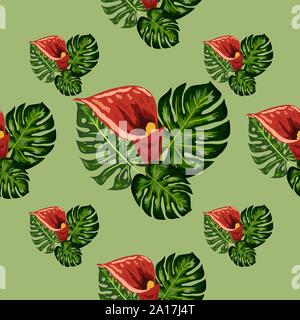 Nahtlose Muster mit tropischen Blättern und callas Lilien Blumen. Dunkle und helle grüne Palmenblättern, nahtlose Muster. Stock Vektor