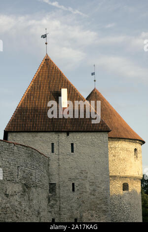 Stadtmauer von Tallinn, schloss Toompea (Tallinna vanalinn, Deutschen Ordens, World Heritage List, 14. Jahrhundert), Festung Mauern, Türme mit konischen Rot r Stockfoto