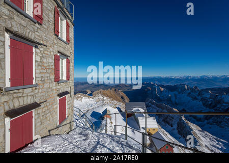 Alpinhütte auf dem Säntis, Appenzell, Schweiz Stockfoto