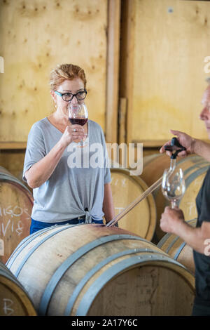 Sommelier verwendet Pipette probe Glas Wein zu Investor zu gießen. Stockfoto