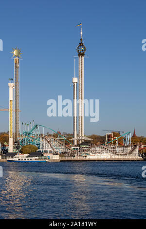 Anzeigen von Gröna Lund aus über dem Wasser in Stockholm, Schweden Stockfoto