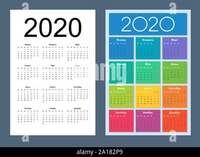 Kalender 2020 Jahr eingestellt. Russische Sprache. Woche beginnt am Montag. Samstag und Sonntag hervorgehoben. Vertikale Kalender einfaches Design vorlage. Isolierte v Stock Vektor