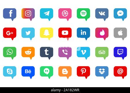 Facebook, Twitter, Instagram, Youtube, snapchat, Pöcking, whatsap, VK, viber, Google, Skype, Social Media Icons Set Sammlung von beliebten Social medi Stock Vektor