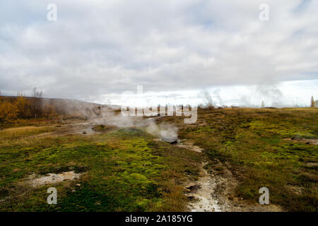 Geysir natürlichen Wunder. Dampf der heißen Mineralquelle in Island. Island ist berühmt für Geysire. Island Geysir Park. Landschaft Wiese mit Wolken von Dampf. Geysir. Sehr aktive geysir. Stockfoto