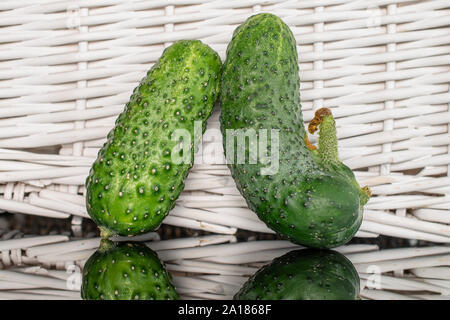 Hinter der Gruppe der zwei ganze frische Beizen Gurke mit geflochtenen Rattan Stockfoto