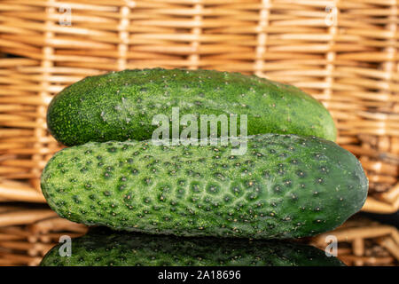 Hinter der Gruppe der zwei ganze Reife frische Beizen Gurke mit geflochtenen Rattan Stockfoto