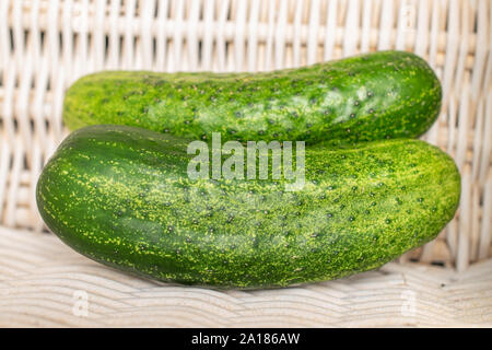 Hinter der Gruppe der zwei ganze Frische grüne Beizen Gurke mit geflochtenen Rattan Stockfoto