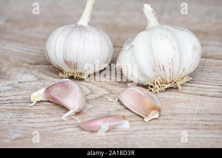 Knoblauchzehen und frischem Knoblauch Zwiebel auf hölzernen Hintergrund forherbs und Gewürze Zutaten scharfes Essen Asiatische Stockfoto