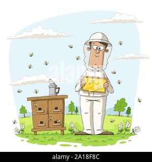 Imker mit Honig. Hand Vector Illustration mit separaten Ebenen gezeichnet. Stock Vektor