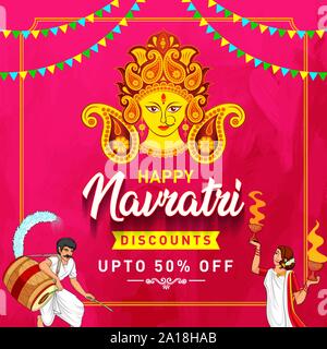 Indische Fest Feier. Happy Navratri Rabatte bis zu 50% Rabatt auf Logo, Banner, Konzept, Gruß, Icon, Poster, Gerät bei festlichen Hintergrund. Stock Vektor