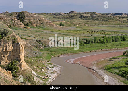 Ruhiger Fluss durch die Badlands in Theodore Roosevelt National Park in North Dakota Stockfoto