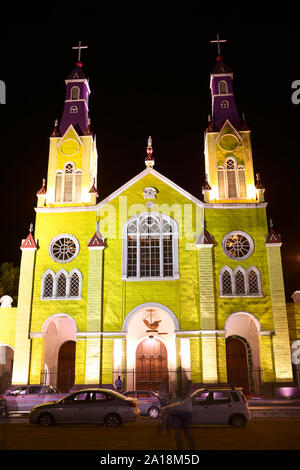 CASTRO, CHILE - Februar 5, 2016: die Fassade der Kirche von San Francisco, die im Jahr 2000 von der UNESCO zum Weltkulturerbe erklärt wurde. Stockfoto