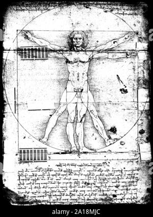 Foto Der Vitruvianische Mensch von Leonardo Da Vinci von 1492 auf strukturierten Hintergrund. Stockfoto