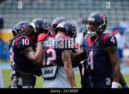 September 22, 2019 Houston Texans Quarterback Deshaun Watson (4) Aufwärmen vor dem NFL Spiel zwischen den Los Angeles Ladegeräte und der Houston Texans an Würde die Gesundheit Sport Park in Carson, Kalifornien. Charles Baus/CSM. Stockfoto