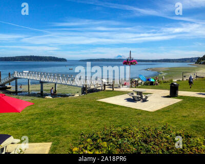 Manchester, WA/USA: Am 13. Juli 2018: Leute genießen Pomeroy Park am Puget Sound. Der Park verfügt über einen atemberaubenden Blick auf Mount Rainier und Seattle. Stockfoto