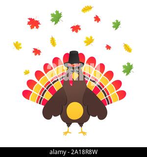 Happy Thanksgiving Day Flat Style Design poster Vector Illustration mit der Türkei, Text, Blätter im Herbst und Kürbis. Türkei mit Hut und farbigen Federn Stock Vektor