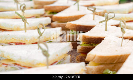 Catering Menü. Snacks, Schieber für Frühstück und Mittagessen. Business lunch Hintergrund. Vegan, Schieber, Schinken und Gemüse Schieberegler. Buffet essen für Party Catering. Sandwich Fach Stockfoto