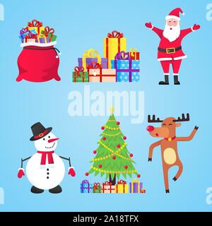 Santa Claus, Geschenkbeutel mit Geschenken, Schneemann, Weihnachtsbaum, Rentier set Flat Style Charakter Vector Illustration. Heiligabend Maskottchen und Symbol Stock Vektor