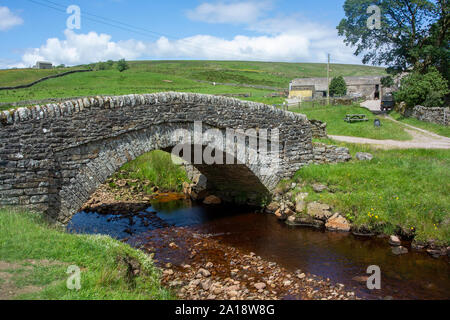 Alte packesel Brücke über Stream mit Ravenseat Farm, Swaledale, North Yorkshire, UK. Stockfoto