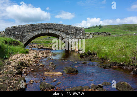 Alte packesel Brücke über Stream mit Ravenseat Farm, Swaledale, North Yorkshire, UK. Stockfoto