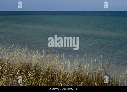 Die steilen Ufer des Meeres in der Steppe. Gras Landschaft in der Nähe der Marine in der Nähe Meer. Schöne Landschaft. Reisen Hintergrund. Stockfoto