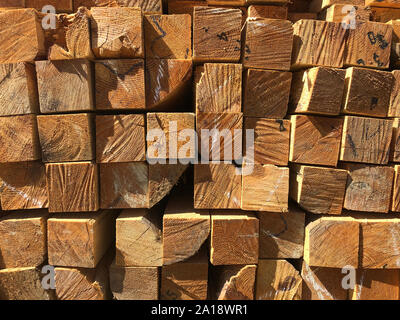 Stapel von Holz im Lager. Holzbalken von quadratischen Abschnitt gestapelt. Stockfoto