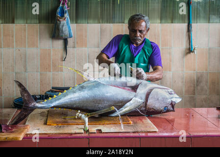 Male, Malediven - November 16, 2017: Man bereitet frischen Fisch (Thunfisch) zum Verkauf auf dem Fischmarkt in der Stadt und der Insel Male, die Hauptstadt der Malediven Stockfoto