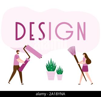 Vector Illustration mit Menschen mit Tools für Malerarbeiten, design Inschrift. Malerei, Reparatur von Räumlichkeiten. Gebäude, Bau, Instandsetzung Stock Vektor