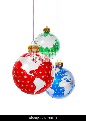 Christbaumkugeln mit Erde Karte auf weißem Hintergrund. 3D-Rendering. Stockfoto