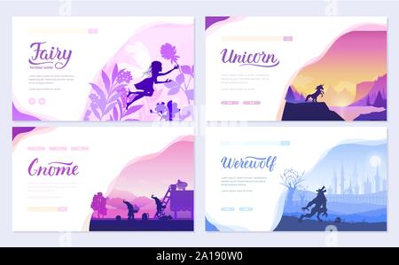 Einstellen der verschiedenen Fantasy Welten. Fabelwesen aus alten Mythen und Märchen. Vorlage von flyear, Webbanner, ui-Header, Standort eingeben. Einladung Konzept Hintergrund. Layout moderne Schieberegler Stock Vektor