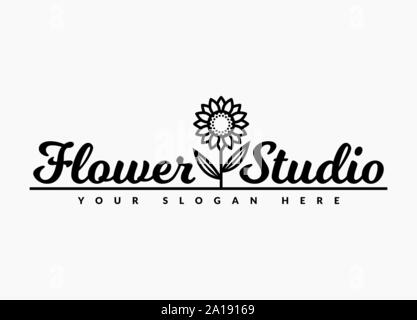 Blumen studio Logo. Vektor sonnenblume Emblem auf einem weißen Hintergrund. Stock Vektor