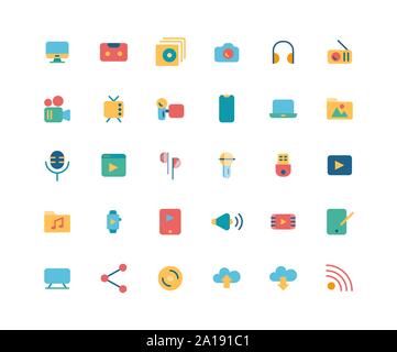Medien flachbild Icon Set, Vektor und Illustration. Stock Vektor