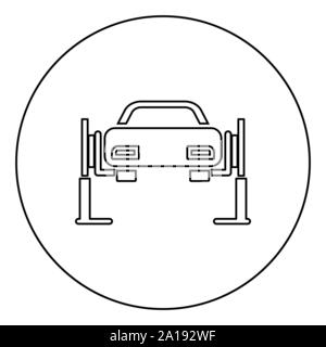 Auto Lift Auto Reparatur Service Concept Car auf fix lift Auto auf Auto Lift Symbol im Kreis runde Kontur schwarz Vector Illustration Flat Style angehoben Stock Vektor