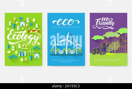 Ökologie Informationen Karten eingestellt. Ökologische Vorlage von flyear, Zeitschriften, Plakate, Cover, Banner. Eco Infografik Konzept Hintergrund. Layout Illustrationen moderne Seiten mit Typografie Stock Vektor