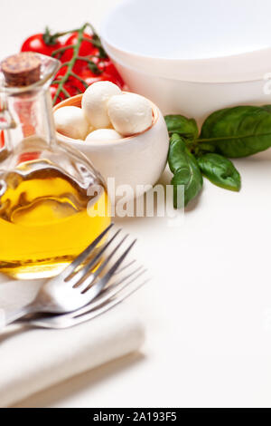 Zwei leere Schalen, Tomaten, Basilikum, Mozzarella Käse und Olivenöl. Zutaten für Caprese Salat. Mit Platz für Text Stockfoto