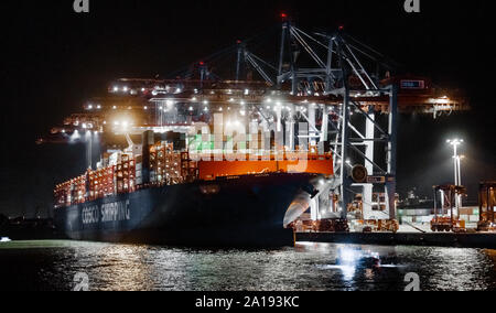 Deutschland. 28. Juli 2019. Die chinesische Containerfrachter COSCO Versand Leo ist am Container Terminal Steinwerder der Hamburger Hafen und Logistik AG (HHLA). Die China Ocean Shipping Company (COSCO) ist ein staatliches Unternehmen in der Volksrepublik China. Quelle: Markus Scholz/dpa/Alamy leben Nachrichten Stockfoto