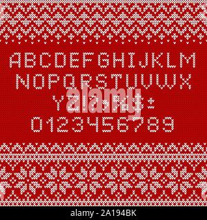 Stricken Font. Alphabet Verzierungen für Weihnachten oder im Winter Saison. Buchstaben und skandinavischen Pullover Muster auf Stricken Hintergrund. ABC und zahlen Vektor Stock Vektor